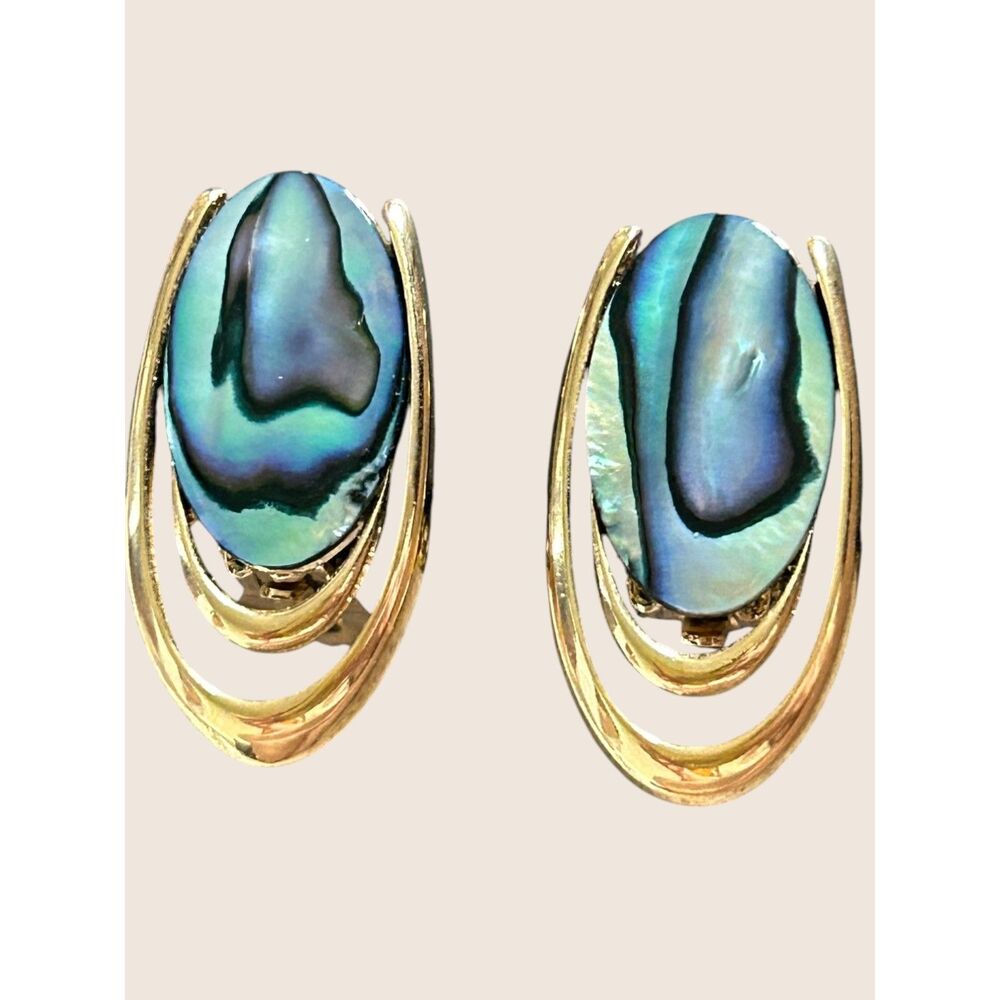 ✨ VTG ABALONE IRIDESCENT OIL SPILL GOLD TONE CLIP ON EARRINGS MODERNIST OVAL